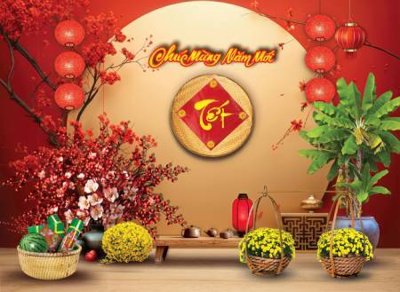 File tranh File tiểu cảnh tết check in phông tết 2025 TET1471 (bản gốc) in lụa dán tường