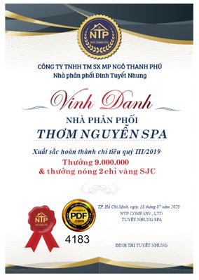 Tải file tranh gốc Bằng khen vinh danh phân phối Thơm Nguyễn Spa chất lượng cao