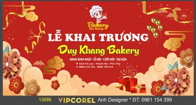 File tranh Backdrop Lễ khai trương Duy Khang Bakery file corel (ảnh gốc) in trần nhà