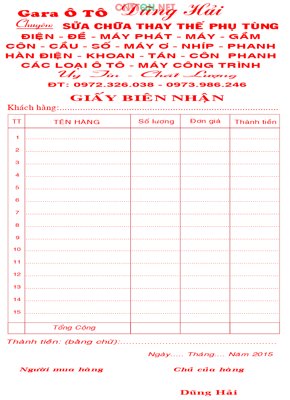 Download file Giấy biên nhận Gara ô tô Dũng Hải file Corel (gốc) in mica bàn thờ