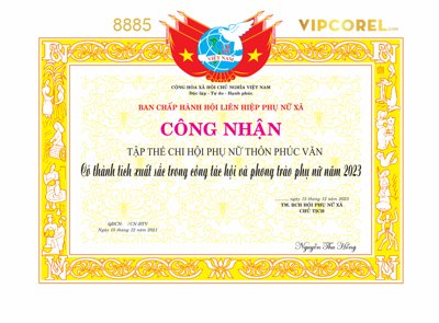 File gốc Giấy khen công nhận Hội Liên Hiệp Phụ Nữ xã corel (in mica) làm bảng hiệu