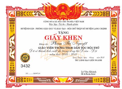 File ảnh Giấy khen giáo viên xuất sắc trong công tác Đoàn - Đội (gốc) in backdrop sự kiện