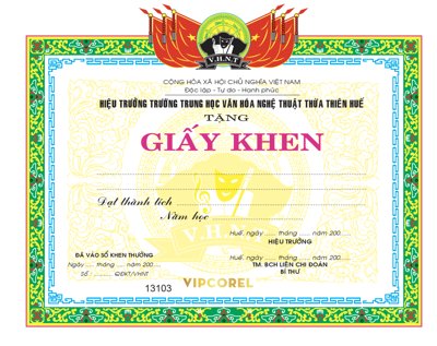 File gốc Giấy khen trường Trung học văn hóa nghệ thuật vector (thiết kế) cho in ấn