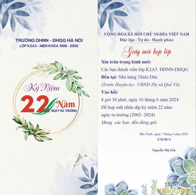 Chi tiết file gốc Giấy mời họp lớp kỷ niệm 22 năm ngày ra trường (cho in tráng gương)