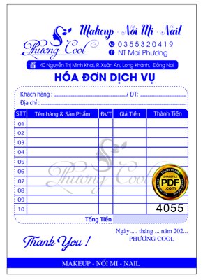 Tải file Hóa đơn Phương Cool makeup - nối mi - nail file corel (gốc) chủ đề hoa sen