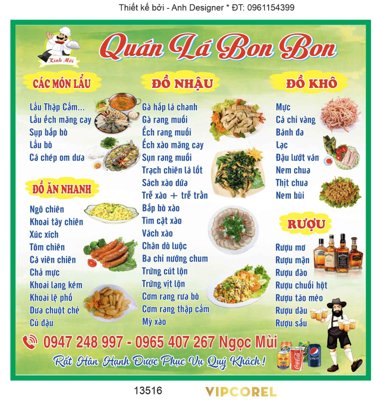 File tranh Mẫu Menu quán Lá Bon Bon - các món lẩu - đồ nhậu (bản gốc) in lụa 5D