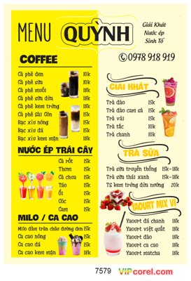 Chi tiết file tranh tráng gương Mẫu menu quán trà sữa Quỳnh - coffee file corel (ảnh gốc)