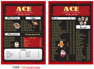 File tranh gốc Menu để bàn a4 quán ACE trà sữa - ăn vặt file corel (bản quyền) độc đáo