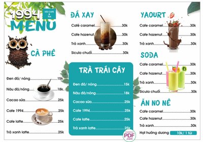 File gốc Menu Hải cà phê & Tea 1994 file PDF và file CDR (trang trí) phòng trẻ em