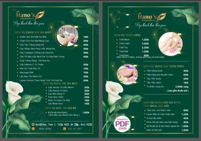 Download file gốc Menu Spa Hano's skiencare & Beauty - Đẹp thách thức thời gian (in lụa) hoa lá