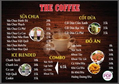 File in trần Menu The Coffee - sữa chua - ice blended - đồ ăn file PDF & CDR (bản gốc) trời sao