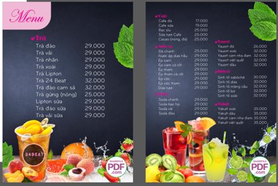 File in trần Menu Trà đào - Cà phê - Youort - sinh tố file PDF và file CDR (bản gốc 3D) sống động
