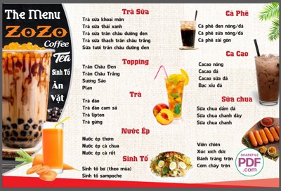 Tải file Menu Zozo Coffee and tea file PDF và file CDR (gốc) làm tranh treo tường