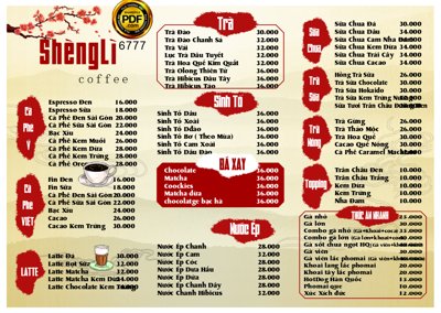 Tải file gốc Menu quán cà phê ShengLI file corel (in bạt) quảng cáo