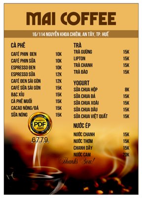 File gốc Menu quán cà phê coffee MAI - TP. Huế file corel (phiên bản chuẩn) để in ấn