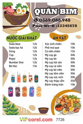 File tranh Menu quán nước giải khát - ăn vặt - Quán BIM file corel (ảnh gốc) sắc nét hoàn hảo