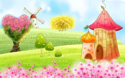 File gốc Tranh 3D cây hoa trái tim - cối xay gió - nhà nấm (in mica) làm bảng hiệu