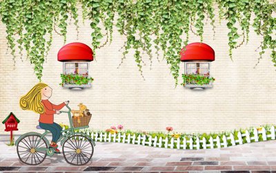 File tranh Tranh 3D mầm non cô gái đạp xe trên khu phố (gốc) chủ đề thiên nhiên