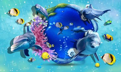 File gốc Tranh 3D tranh cá heo đại dương biển cả (in mica) cắt laser