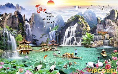File gốc Tranh phong thủy 3D - phong cảnh sơn thủy hữu tình #58 (in lụa) cao cấp