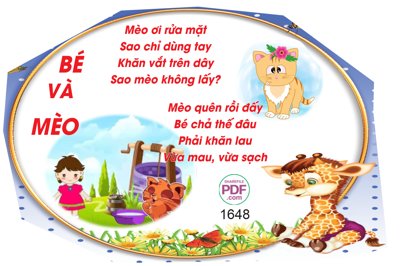 File gốc Văn thơ trang trí mầm non - Bé và mèo file PDF & CDR (in lụa) tranh thuận buồm