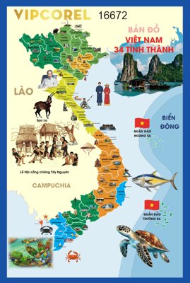 File gốc Vector Bản đồ văn hóa Việt Nam 34 tỉnh thành (trang trí) phòng làm việc