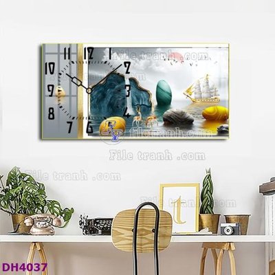 File gốc File tranh đồng hồ tráng gương hươu nai hiện đại FDH4037 (in lụa) trang trí tường