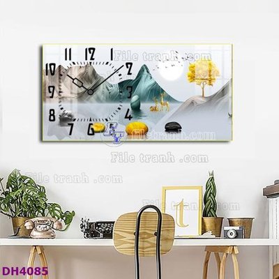 File tranh gốc in trần nhà File tranh đồng hồ tráng gương hươu nai hiện đại FDH4085 3D