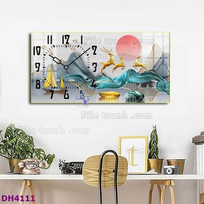 File in ấn File tranh đồng hồ tráng gương hươu nai hiện đại FDH4111 (bản gốc) cao cấp