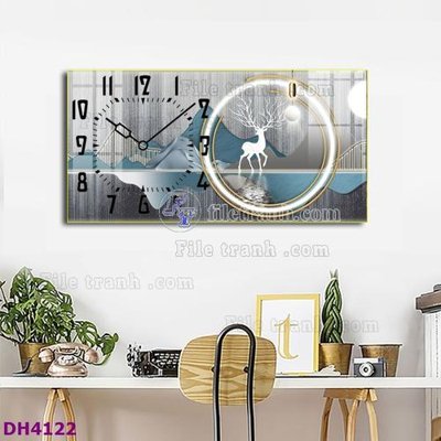 Hình ảnh file gốc File tranh đồng hồ tráng gương hươu nai hiện đại FDH4122 (chất lượng cao)
