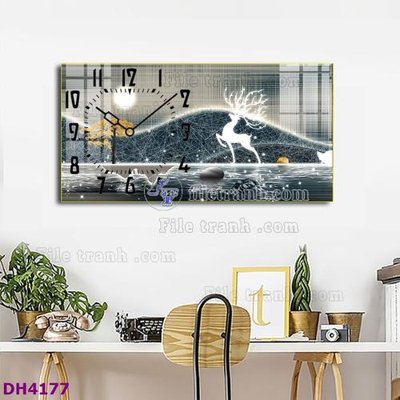 File tranh File tranh đồng hồ tráng gương hươu nai hiện đại FDH4177 (bản gốc) treo quán cafe