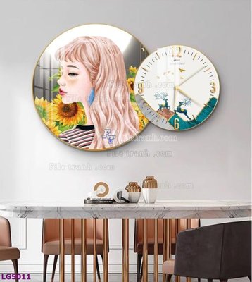 File gốc File tranh đồng hồ tráng gương tròn lồng ghép LG5011 (in lụa) hoa văn cổ điển