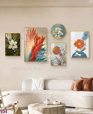 Hình ảnh file gốc in lụa File tranh đồng hồ nhiều tấm V34