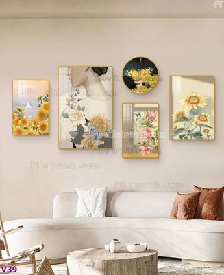 File gốc File tranh đồng hồ nhiều tấm V39 (in lụa) tranh phong thủy