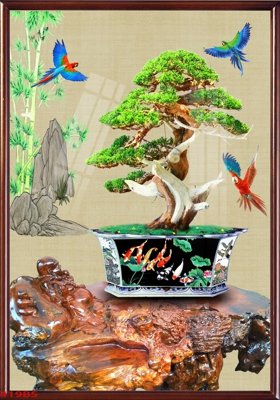 File gốc File tranh chậu mai bonsai 419BS (in lụa) tranh mã đáo