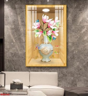 File gốc File tranh bình hoa 5D ô trưng bày đèn rọi B5D140 (in tráng gương) hiện đại
