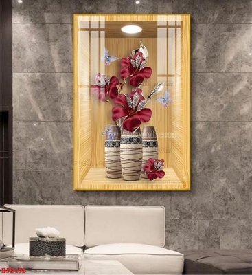 File tranh File tranh bình hoa 5D ô trưng bày đèn rọi B5D152 (gốc) in vải canvas