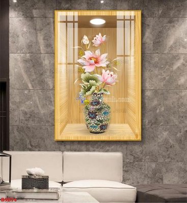 File tranh File tranh bình hoa 5D ô trưng bày đèn rọi B5D74 (bản gốc) in lụa dán tường