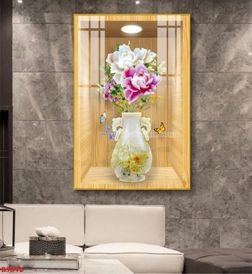 File gốc File tranh bình hoa 5D ô trưng bày đèn rọi B5D96 (in lụa) hoa văn cổ điển