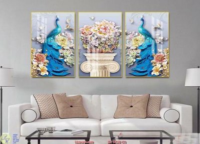 File tranh gốc Tranh treo bộ 3 chim công bình hoa DC60 (bản quyền) Filetranh.com