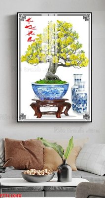 File tranh File tranh chậu mai bonsai FTTL1040 (bản gốc) in lụa 5D