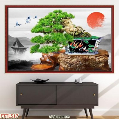 File gốc File tranh chậu mai bonsai FTTL517 (in lụa) họa tiết 3D