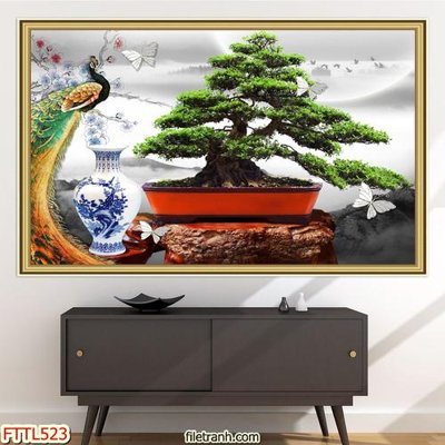 File tranh File tranh chậu mai bonsai FTTL523 (bản gốc) in lụa 3D