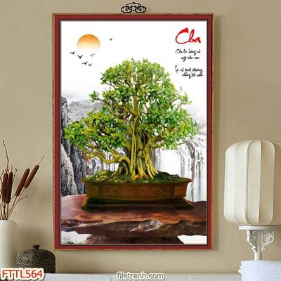 File gốc File tranh chậu mai bonsai FTTL564 (in lụa) hoa văn cổ điển