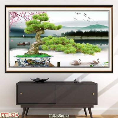 File tranh File tranh chậu mai bonsai FTTL624 (bản gốc) in lụa 3D