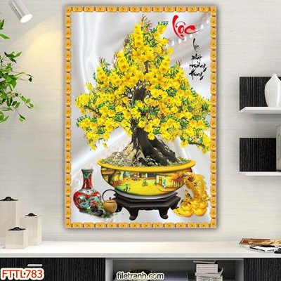 File tranh File tranh chậu mai bonsai FTTL783 (bản gốc) in lụa 3D