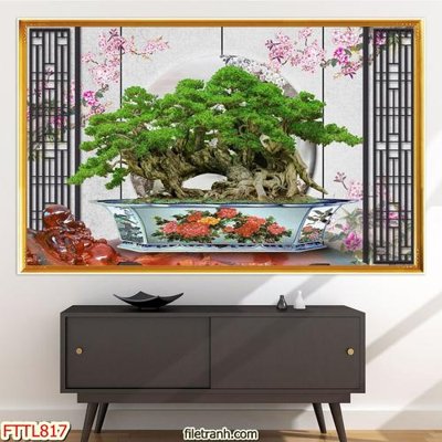 File in trần File tranh chậu mai bonsai FTTL817 (bản gốc 3D) sống động