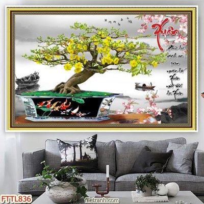 File in trần File tranh chậu mai bonsai FTTL836 (bản gốc) mây trời