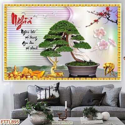 File in lụa File tranh chậu mai bonsai FTTL895 (phong cảnh) File tranh chậu mai bonsai FTTL895