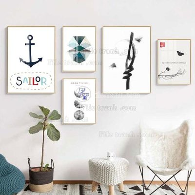 File gốc File tranh bộ 5 tấm hiện đại HD51268 (in lụa) tranh thuận buồm